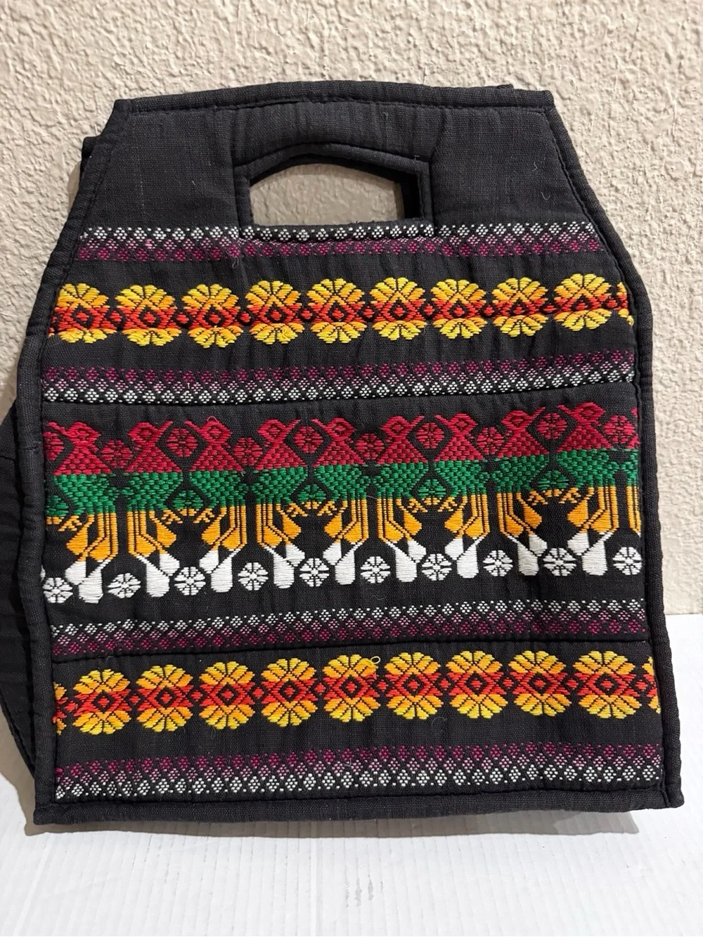Women’s Black Embroidered Woven Handbag Ethnic Boho Top Handle Purse Zip Closur